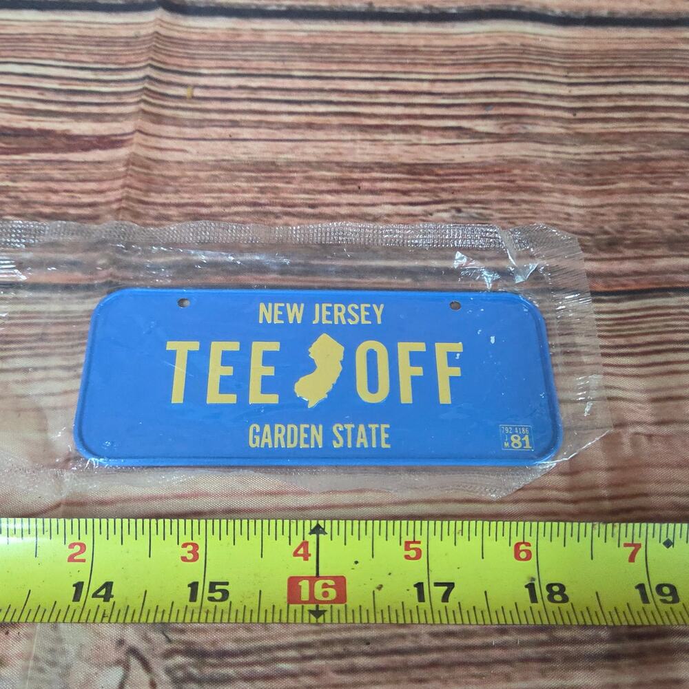 Vtg Post cereal Mini metal bicycle license plate New Jersey 1981 TEE OFF sealed